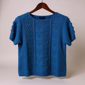 VTG Textured Bobble Knit Short Sleeve Blue Sweater Top Chunky Boxy Sz S Rosslee
